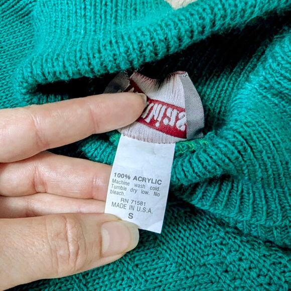 VTG Mathias bright forest green turtleneck floral knit tunic top sweater sz Sm - Picture 6 of 7